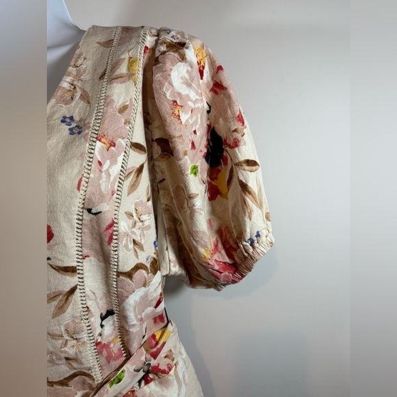 Express Floral Linen Blend Romper XL NWT Puff Sleeve Belted Lined Crochet $118 - Picture 2 of 11